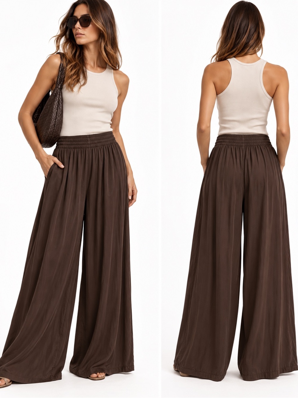 Philosophy Wide-Leg Smocked Waist Pants in Chocolate Brown